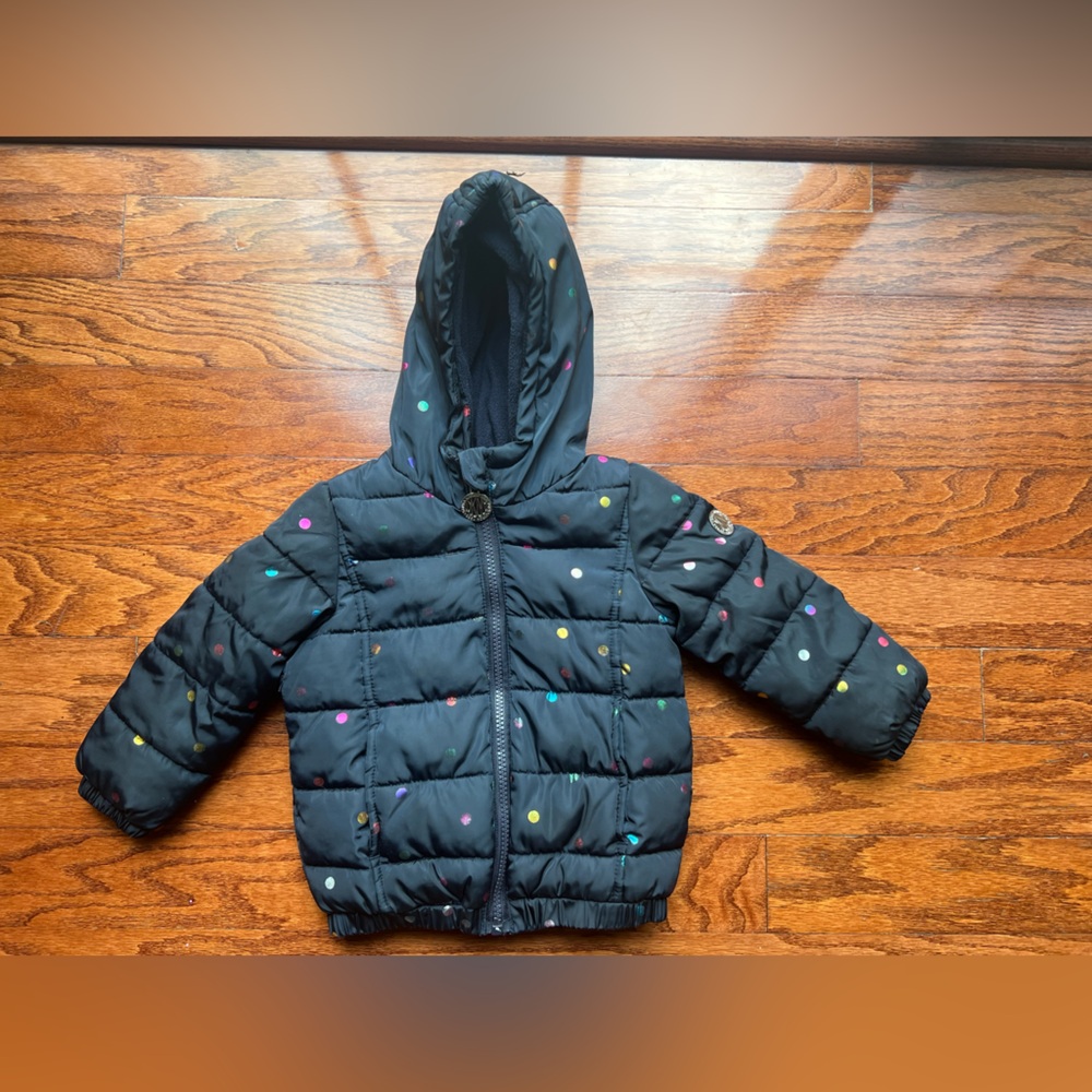 DKNY Black Puffer Jacket with Multicolor Polka Dots